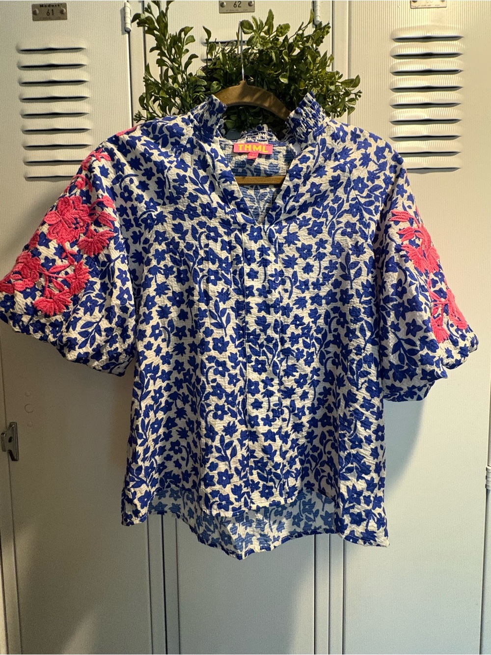 Sz Small THML Blue & White Top Hot Pink Embroidered Puff Sleeve Detail